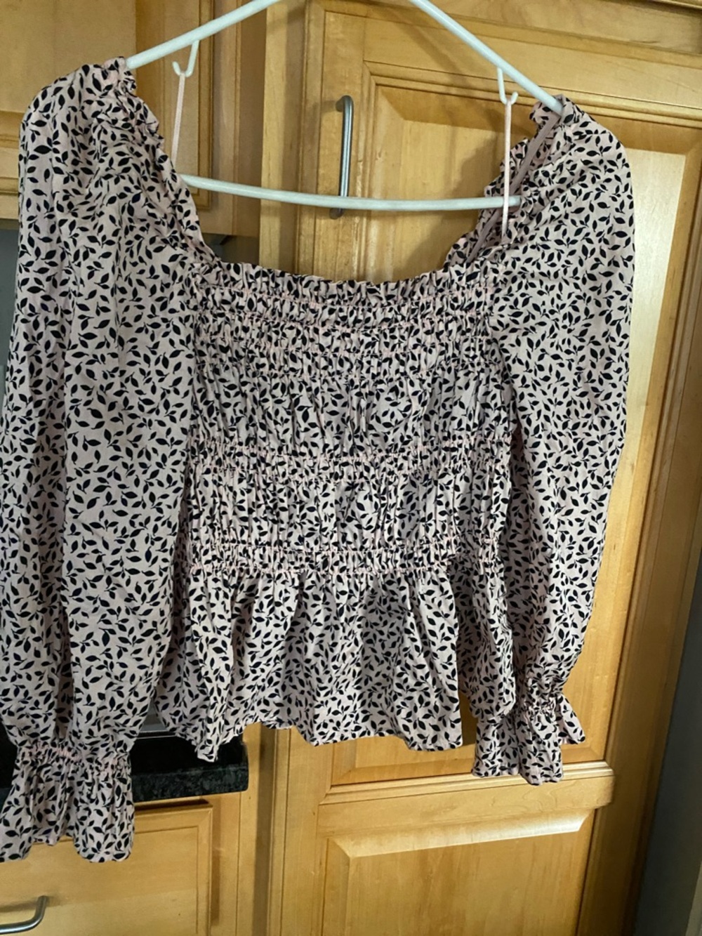 Who What Wear Pink Smocked Off-Shoulder Leaf Print Blouse